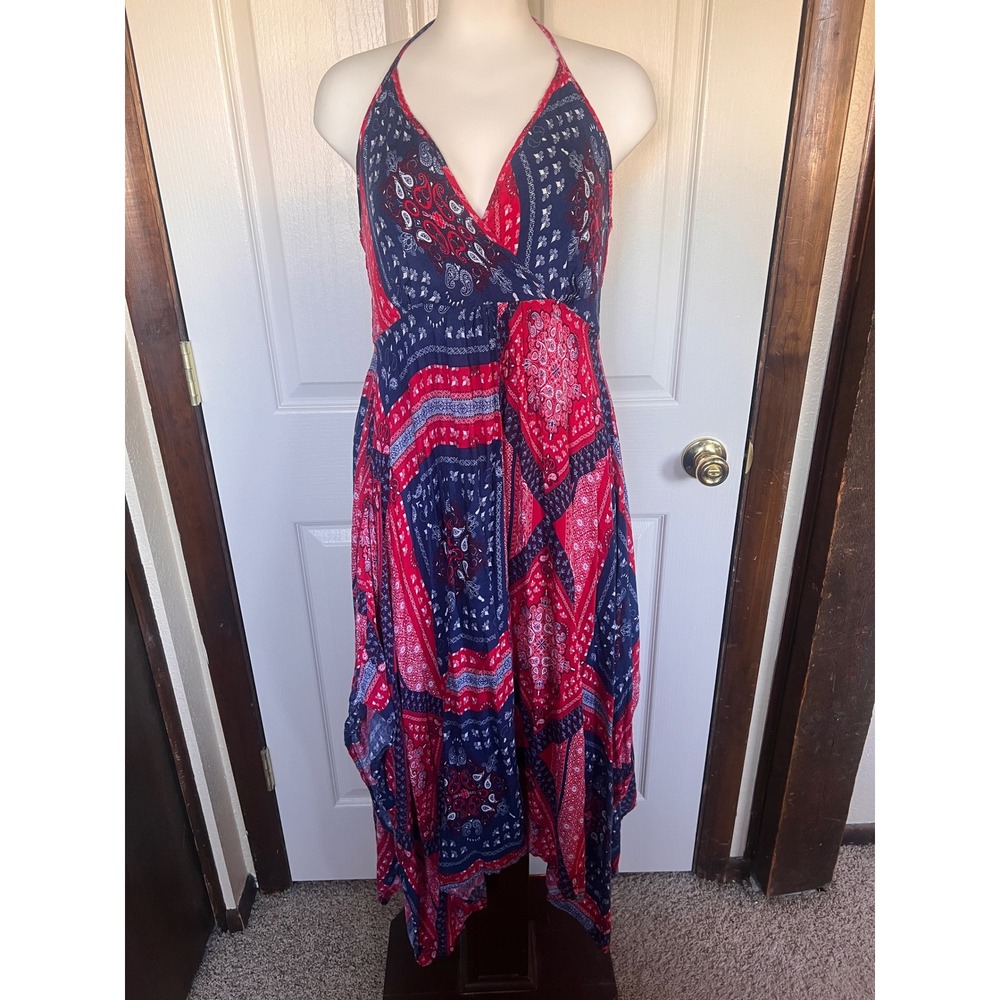 Western Wrangler Womens Bandana Paisley Patchwork Halter Handkerchief Maxi Dress
